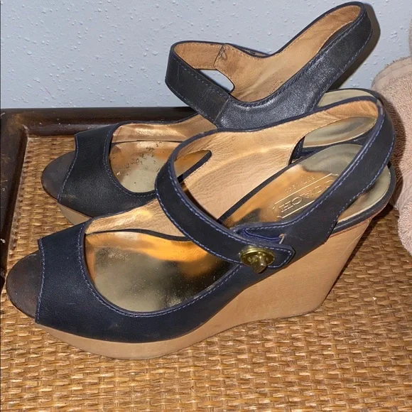 Coach vintage Black Leather Wedge Sandals with Tan Wood Platform - Picture 1 of 2